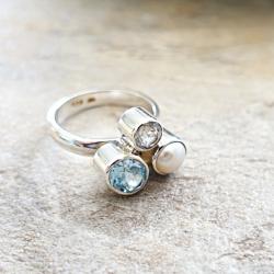 Blautopas Ring mit Weißtopas und Perle, Sterling Silber, Größe 57