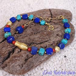 Lapis Lazuli Türkis Armband mit Schnecke und Fisch, vergoldetes Sterlingsilber