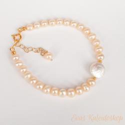 Perlenarmband in apricot mit Münz-Perle und Verlängerung