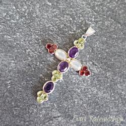 Großer Silberkreuz Anhänger mit Amethyst, Peridot und Granat