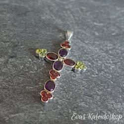 Großer Anhänger - Silberkreuz mit Amethyst, Peridot und Granat