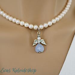 Engel Charm/Anhänger mit Sterling Silber, Chalcedon und Perle, kleiner Schutzengel 