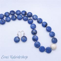 Dumortierit Schmuckset, Kette mit Ohrhängern, leuchtend blaue Linsen mit Silber