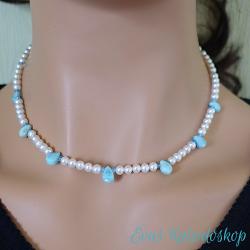 Romantische Perlenkette mit türkisen Larimar Tropfen
