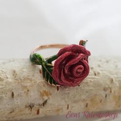 Rosa Rosen Ring mit Blättern, rosévergoldet 
